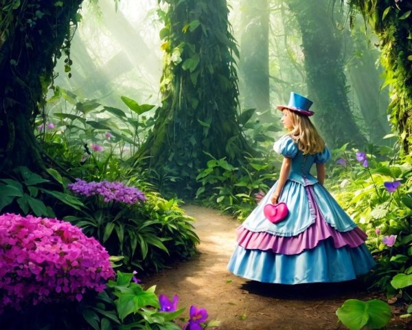Young girl in colorful dress in enchanted forest
