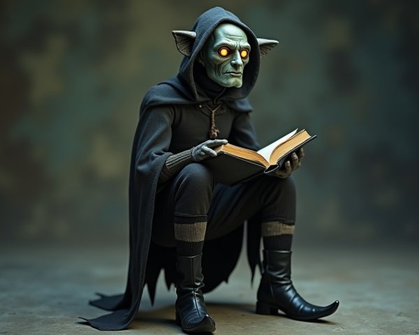 Mystical creature reading an ancient book in cloak