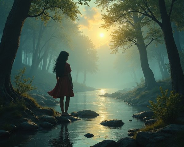 Serene forest scene with girl by tranquil stream