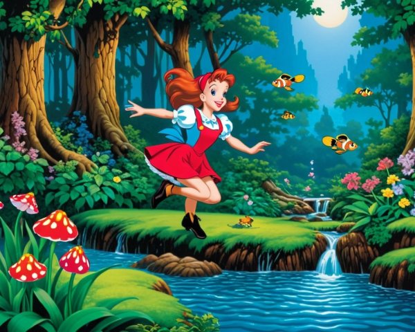 Cheerful girl dancing in a vibrant forest setting