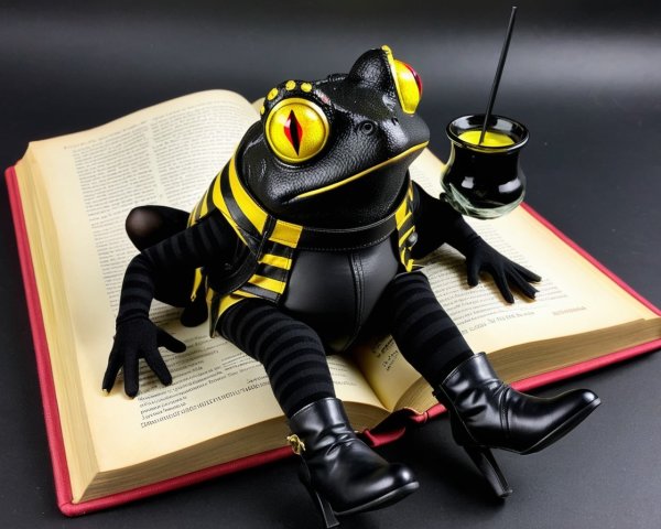 Whimsical Frog Character on Open Book with Drink
