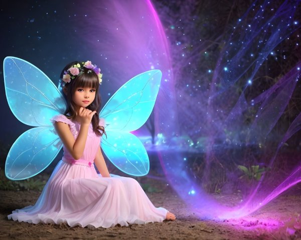 Young girl in pink dress with blue fairy wings