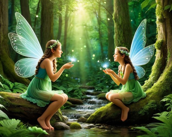 Fairies in a Magical Forest by a Sparkling Stream