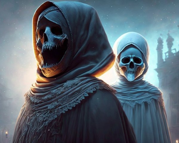 Skeletal Figures in Ethereal Cloaks at Twilight