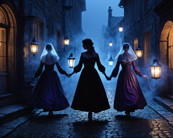Elegant women in vintage gowns on a misty street