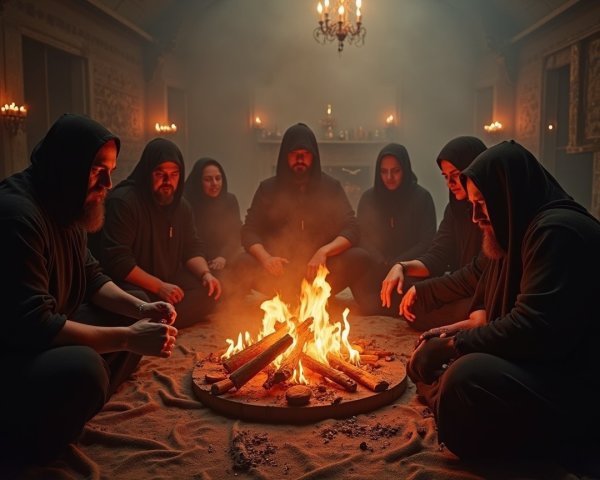 Hooded Figures Gather Around Glowing Campfire