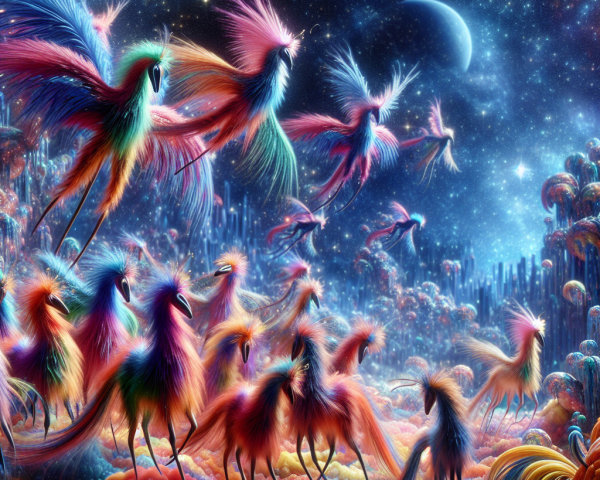 Colorful Feathered Creatures in a Cosmic Landscape