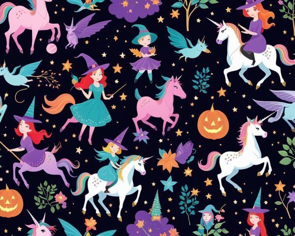 Colorful Witches and Unicorns in Whimsical Pattern