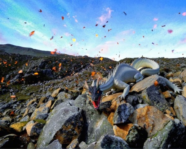 Dragon on Boulders Surrounded by Colorful Leaves