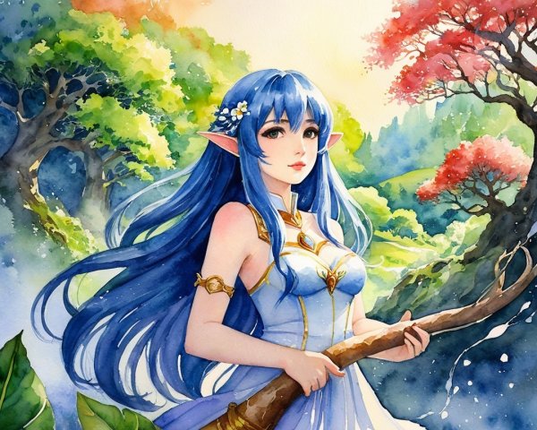 Elegant Elf in Vibrant Forest with Blue Gown and Staff