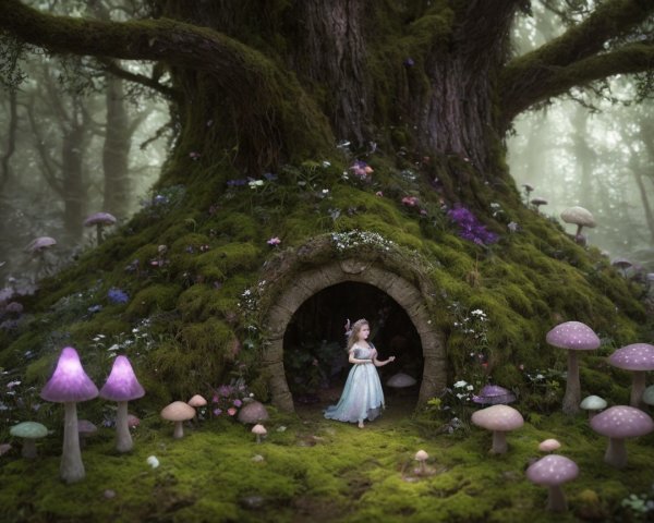 Whimsical Fairy Scene at an Ancient Tree Base