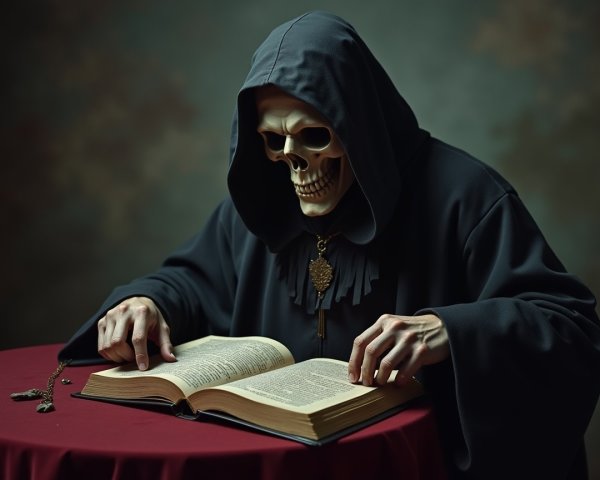 Skeletal Figure in Hooded Robe Reading Arcane Text