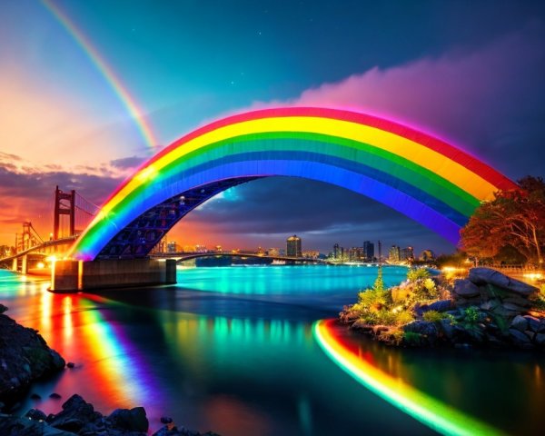 Illuminated Rainbow Over Tranquil Water at Twilight