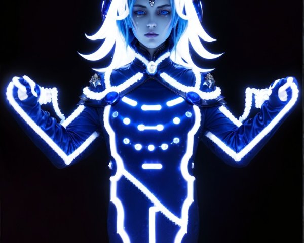 Futuristic Figure in Glowing Blue Sci-Fi Attire