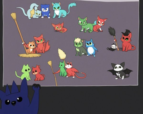 Colorful Cartoon Cats and Kittens in Whimsical Scene