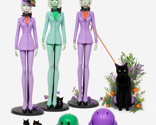 Stylized Dolls in Pastel Outfits with Cats and Accessories