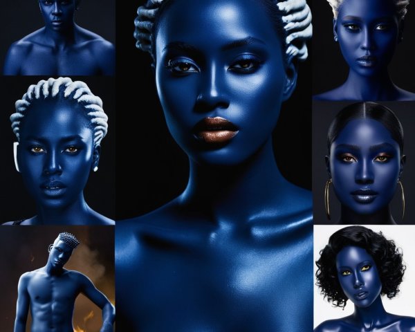 Diverse Individuals with Blue Body Paint and Bold Styles