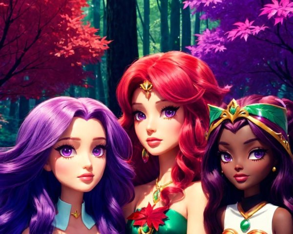 Dolls in an Enchanted Forest with Nature-Inspired Outfits