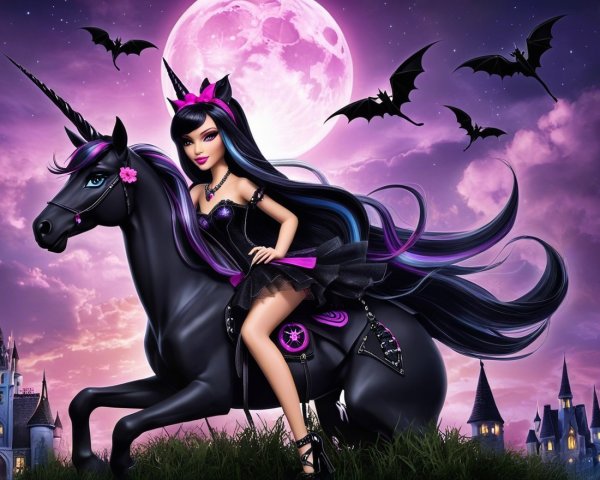 Stylish Girl on Black Unicorn Under Full Moon