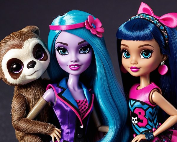 Brightly Colored Dolls with Vibrant Hairstyles and Sloth