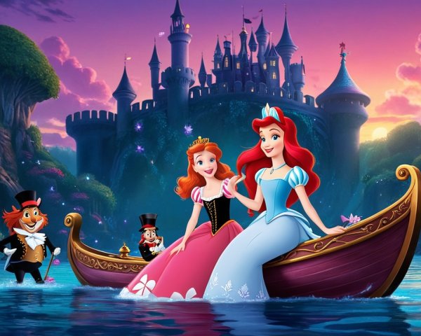 Princesses Sailing on a Lake with Castle Background