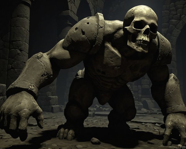 Skeletal Figure in Ancient Stone Chamber