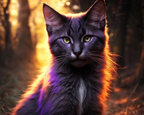 Majestic Grey Cat in Sunlit Forest Setting