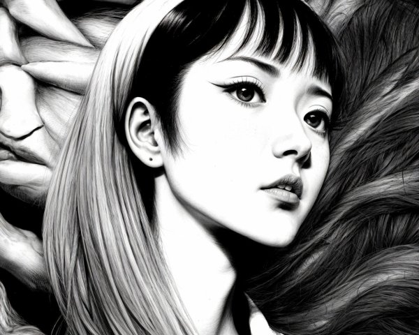 Black-and-White Portrait of a Young Woman with Surreal Background