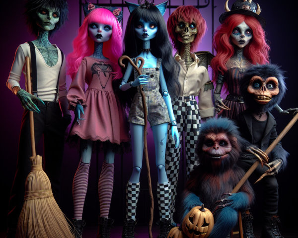 Whimsical Spooky Dolls in Halloween-Themed Display