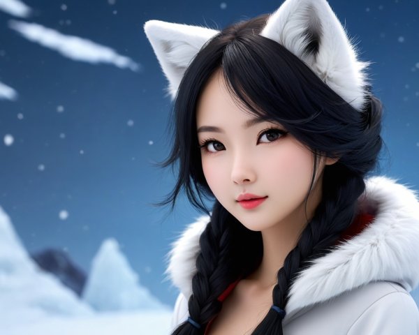 Young woman in winter coat with cat ears in snow