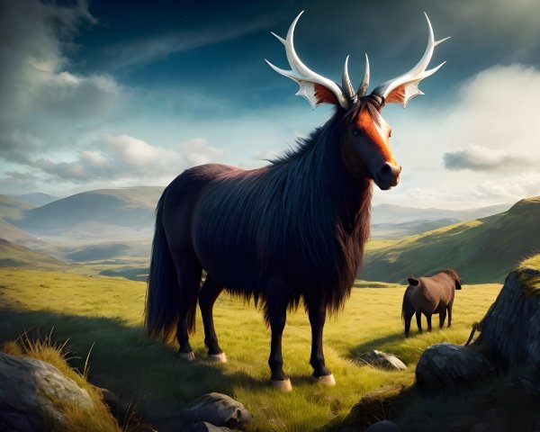 Majestic Creature in Lush Green Landscape with Antlers