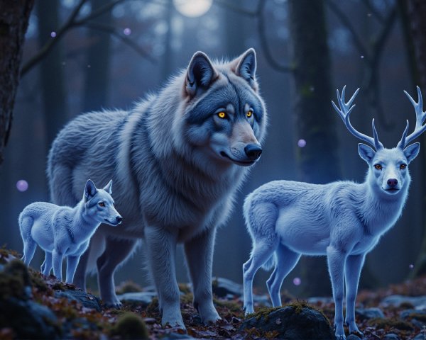 Mystical Forest Scene with Wolf, Pup, and White Deer