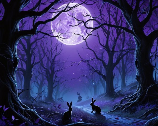 Mystical forest scene with rabbits and moonlit path