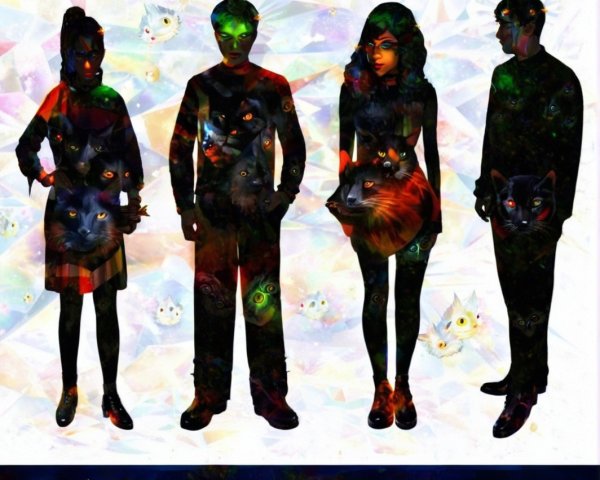 Figures with Colorful Patterns Against Abstract Background