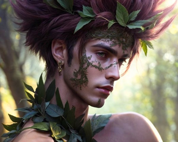 Young man with face paint and vibrant leaves in forest