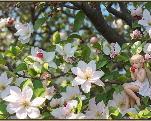 Young girl in a blooming orchard with apple blossoms