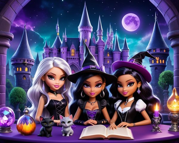 Witches Gather Around Magical Table with Enchanted Items