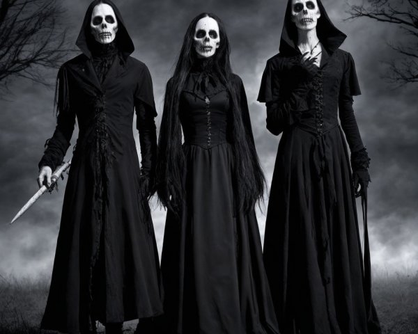 Haunting Trio in Black Garments Against Dark Backdrop