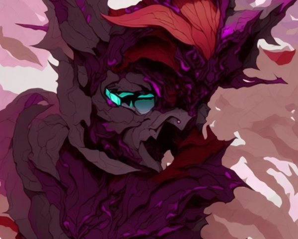 Fantastical creature with dark body and turquoise eyes