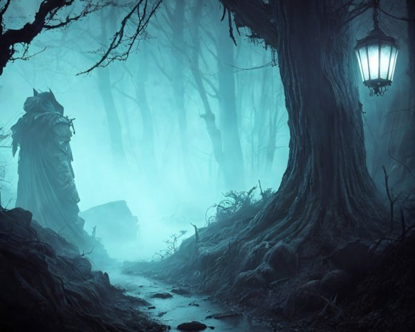 Cloaked Figure in Foggy Forest with Dim Lantern