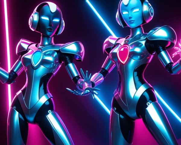 Futuristic Robots with Neon Lights and Heart Emblems
