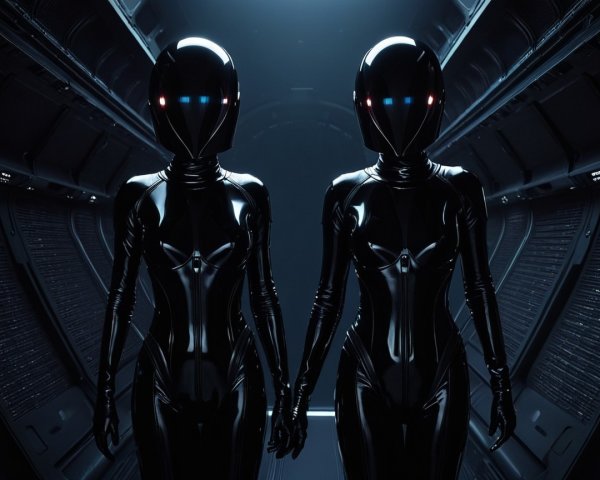 Futuristic Humanoids in High-Tech Corridor Scene