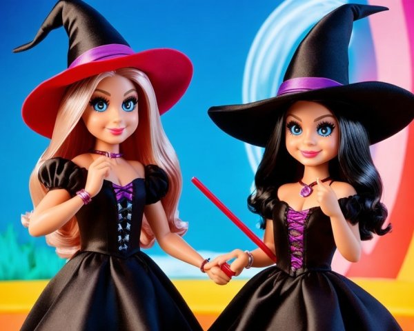 Stylish dolls in matching witch gowns with hats