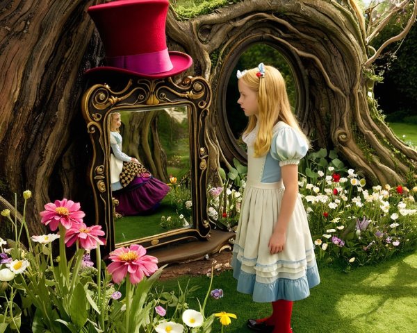 Young girl in blue dress beside ornate mirror in garden