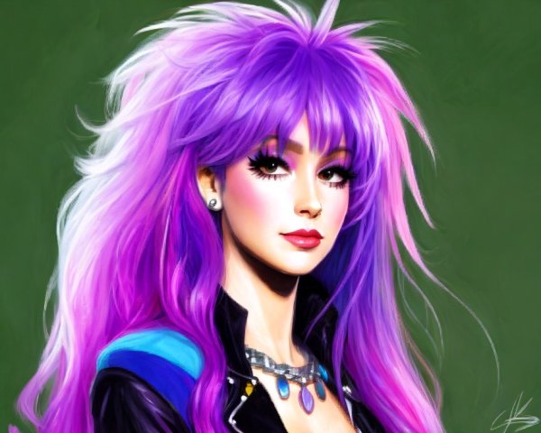 Portrait of a Woman with Purple Hair and Bold Makeup