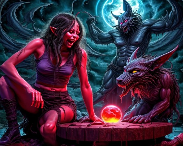 Fierce Woman and Beast by Glowing Red Orb in Moonlight