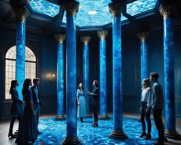 Blue-Themed Room with Columns and Sky Ceiling