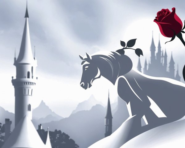 Mystical Horse Silhouette with Castle and Mountains