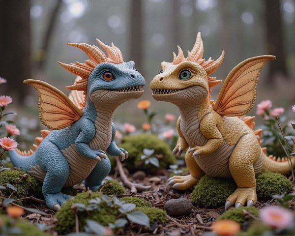 Colorful Dragon Figurines in Whimsical Forest Setting