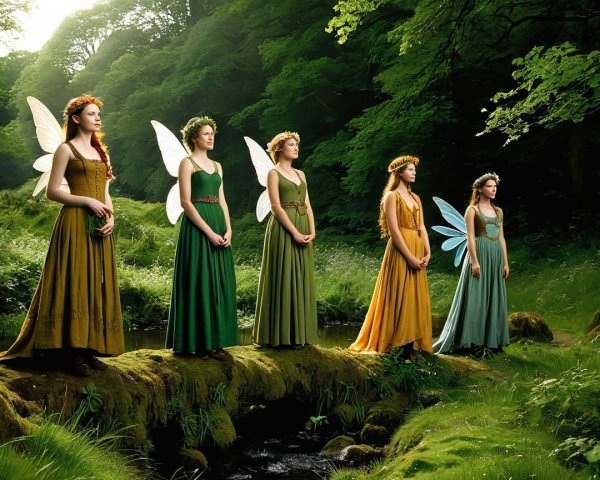 Fairy Figures in Flowing Dresses by a Serene Stream